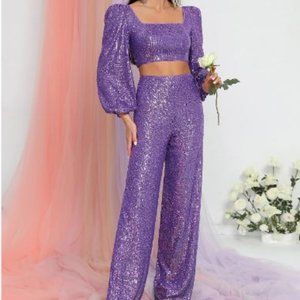 Purple Sequins Square Neck Lantern Sleeve Top & Pants Set